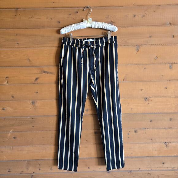 Topman Stretch Skinny Stripe Slim Pants W32 L34 Black Gold Pinstripe Tie Waist - Picture 1 of 4